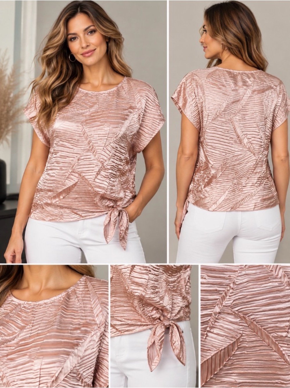 Frank Lyman Designer Sample Blush Textured Side Tie Top Sz 8 NWT